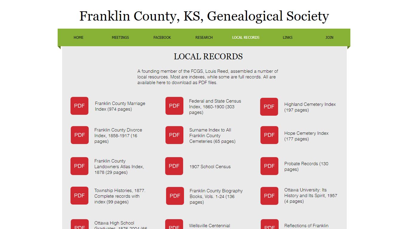 Franklin County, KS, Genealogical Society: Local records