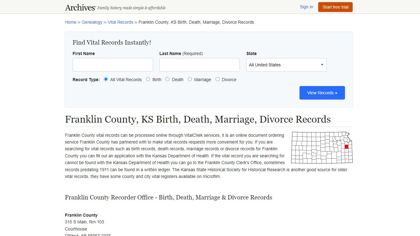 Franklin County, KS Birth, Death, Marriage, Divorce Records